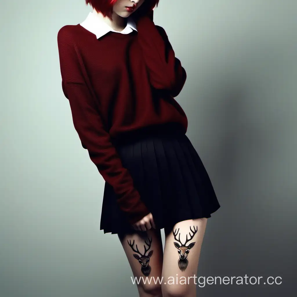 невысокая девушка, 18 лет, бардовые волосы, черная юбка, красная кофта, татуировка оленя на бедре