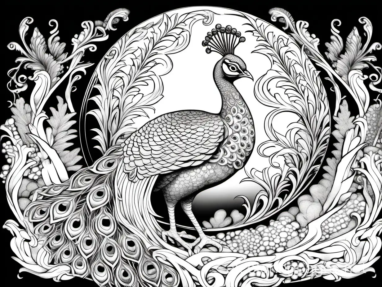 Insanely detailed and elaborate fantasy Peacock in a rococo embellished glass globe floating in a lake of molten lava, Coloring Page, black and white, line art, white background, Simplicity, Ample White Space. The background of the coloring page is plain white to make it easy for young children to color within the lines. The outlines of all the subjects are easy to distinguish, making it simple for kids to color without too much difficulty
