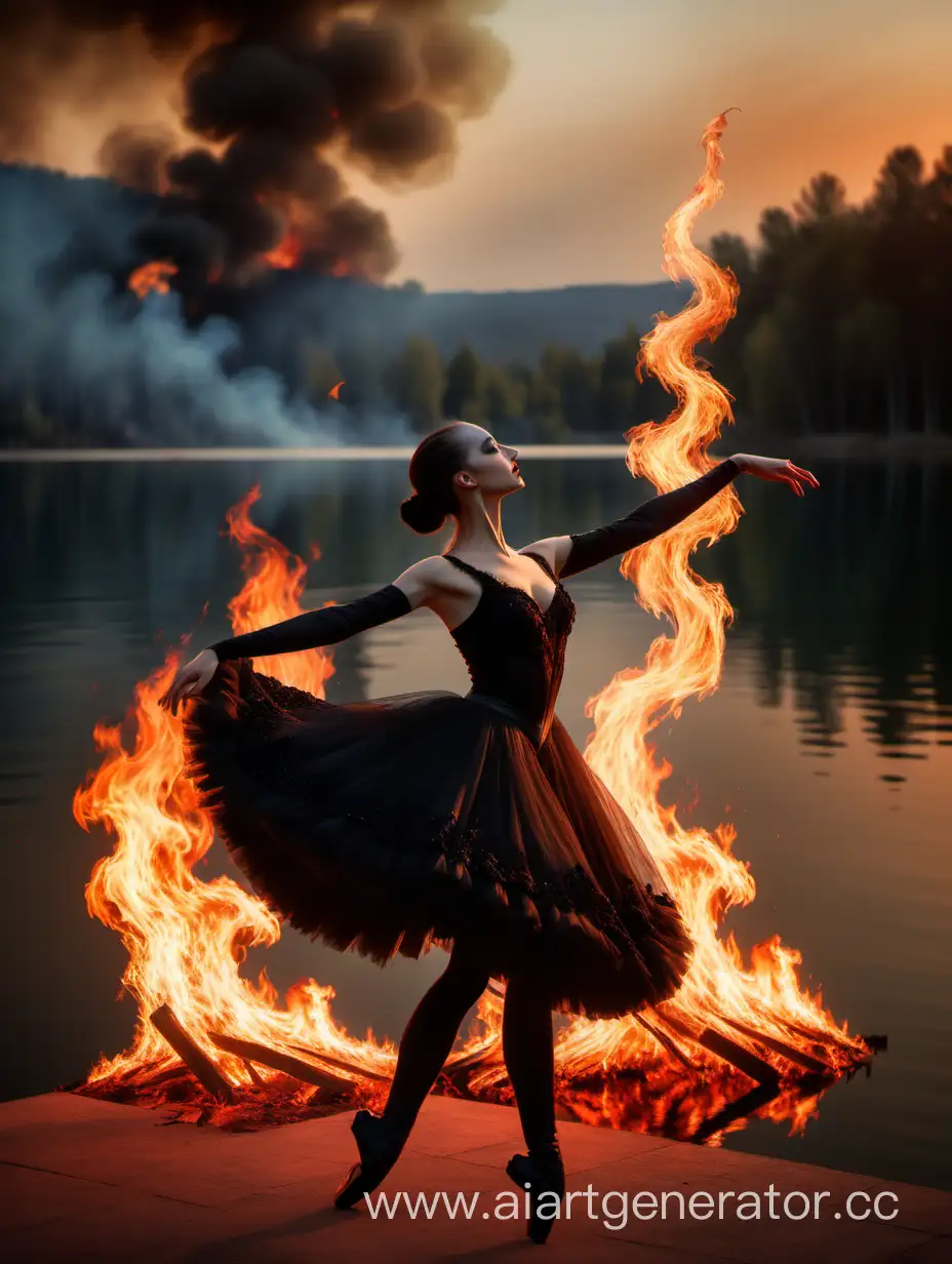 Девушка черный лебедь в танце посреди огня и озера