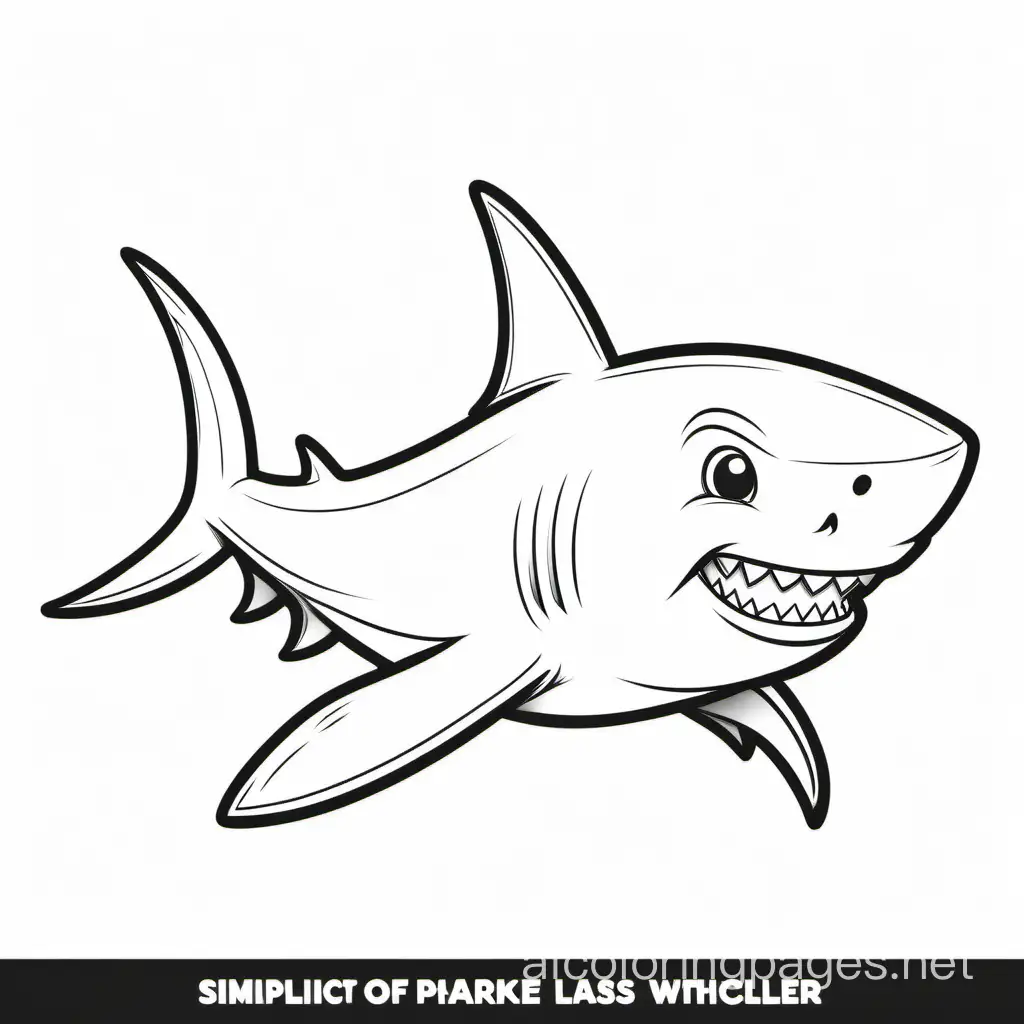 A cartoon illustration in black and white line art, of a  Shark. The style is cute Disney with soft lines and delicate shading.  Coloring Page, black and white, line art, white background, Simplicity, Ample White Space. The background of the coloring page is plain white to make it easy for young children to color within the lines. The outlines of all the subjects are easy to distinguish, making it simple for kids to color without too much difficulty, Coloring Page, black and white, line art, white background, Simplicity, Ample White Space. The background of the coloring page is plain white to make it easy for young children to color within the lines. The outlines of all the subjects are easy to distinguish, making it simple for kids to color without too much difficulty
