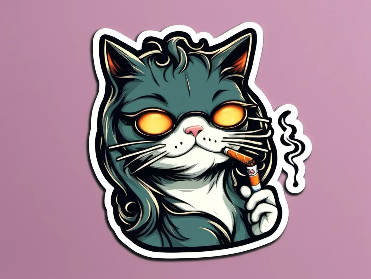 Adorable Smoking Cat Sticker Playful Feline Enjoying a Purrfect Puff