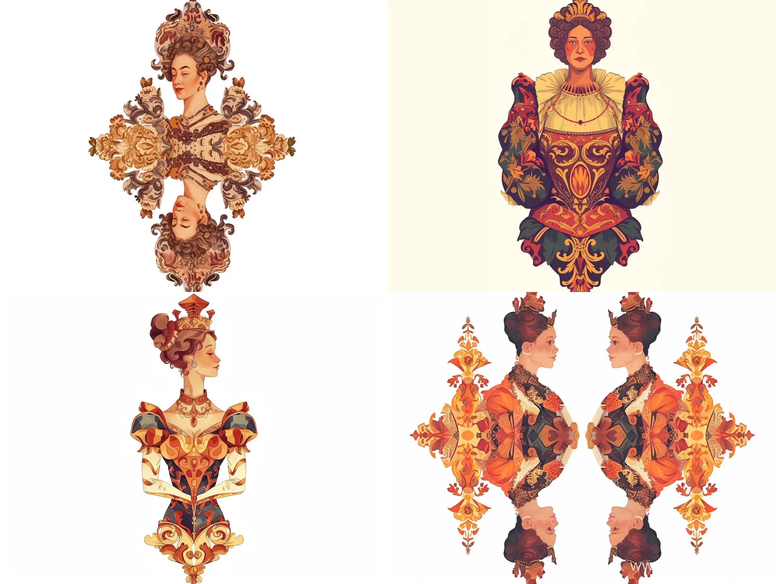 ornamental waist portrait of the ancient rich queen of Austria, reflected vertically, stylized caricature, warm shades prevail, on a white background, vector, Victor Ngai style, watercolor, decorative, flat drawing