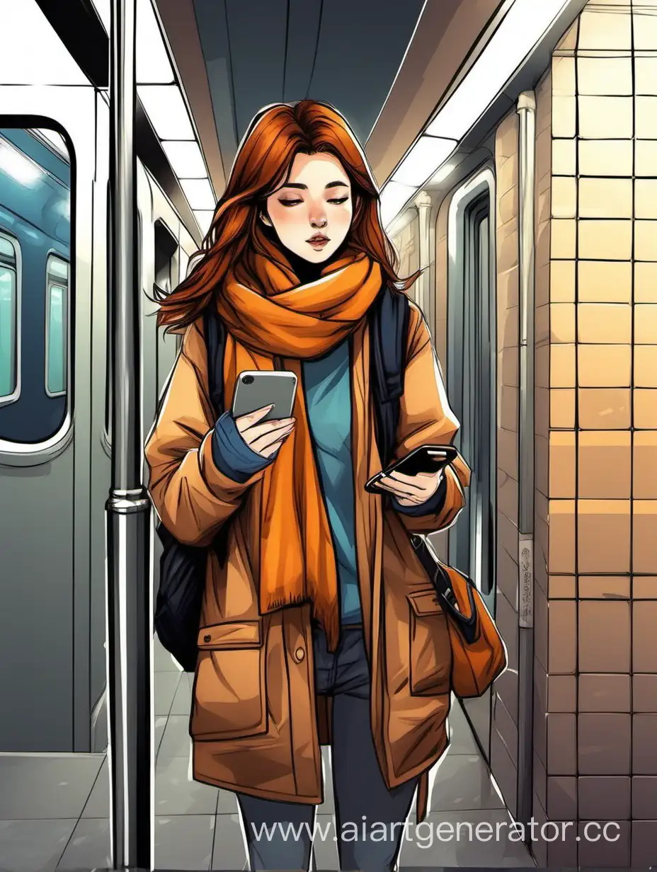 Urban-Chic-Stylish-Girl-in-Autumn-Fashion-Checking-Phone-in-Subway