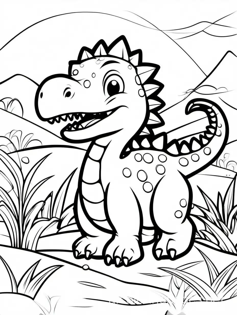 Baby dinosaur, Coloring Page, black and white, line art, white background, Simplicity, Ample White Space. The background of the coloring page is plain white to make it easy for young children to color within the lines. The outlines of all the subjects are easy to distinguish, making it simple for kids to color without too much difficulty, Coloring Page, black and white, line art, white background, Simplicity, Ample White Space. The background of the coloring page is plain white to make it easy for young children to color within the lines. The outlines of all the subjects are easy to distinguish, making it simple for kids to color without too much difficulty