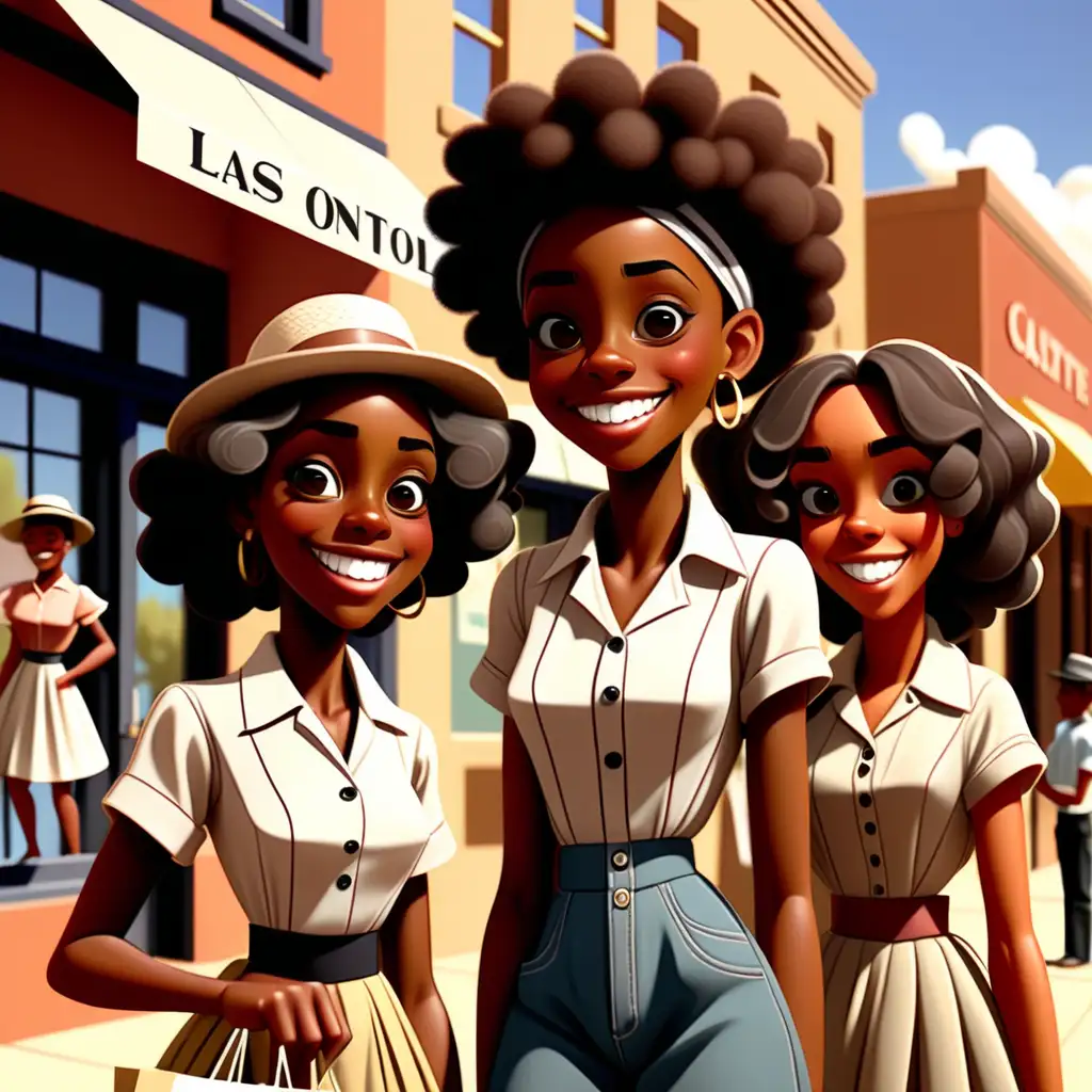 1900s cartoon style african american happy teens going clothes shopping in new mexico