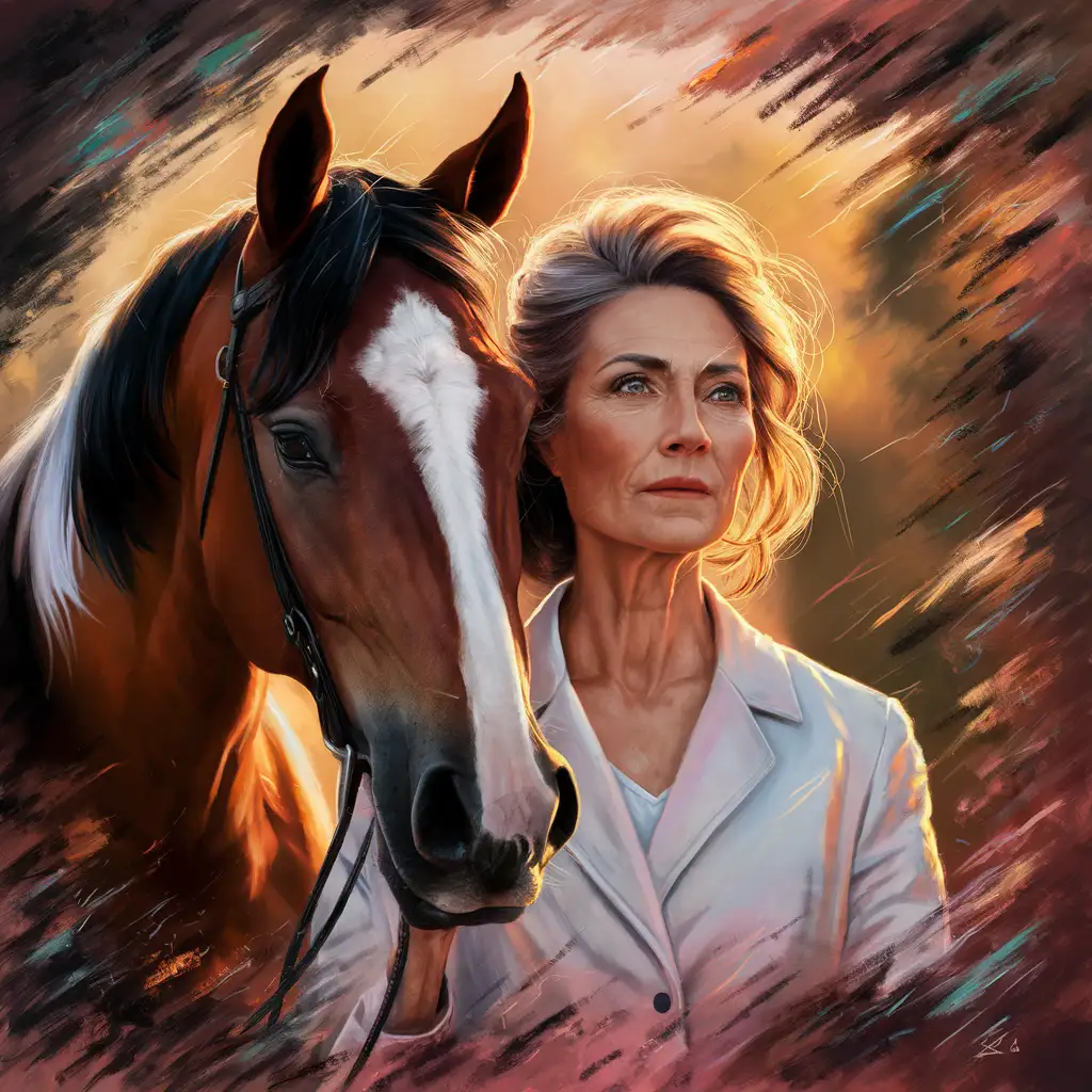 Design an expressive portrait of a mature beautiful woman beside a beautiful horse, in a close-up study, coloristic colors, dynamic, spontaneous 