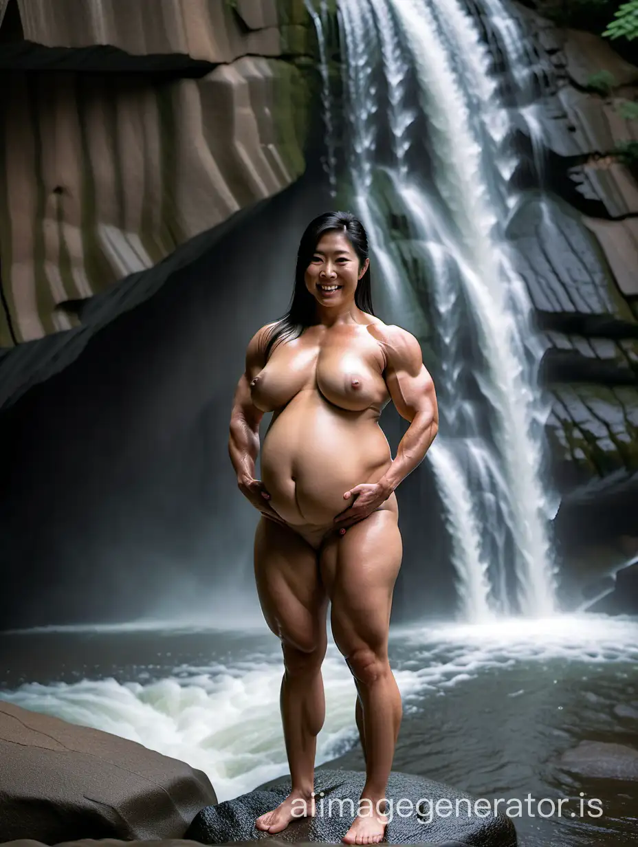a nude fullbody portait of a nude female 33-year old black-haired japanese extremely ripped heavily pregnant super-heavy-weight bodybuilder with extremely large, very veiny muscles wearing geta standing on a rock under a waterfall while smiling sexy and cradling her belly
