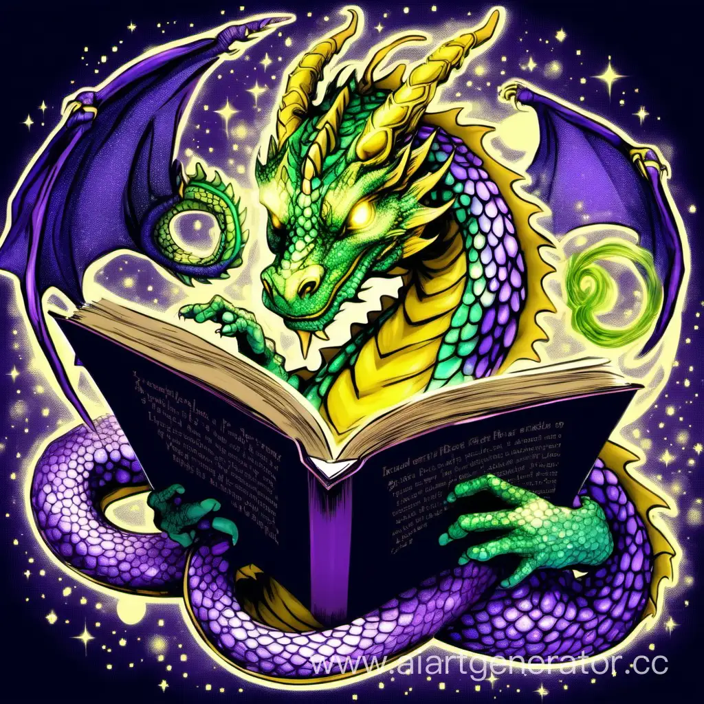 Добрый Зелено желто фиолетовый переливающийся дракон читает книгу, в форме символа бесконечности 8