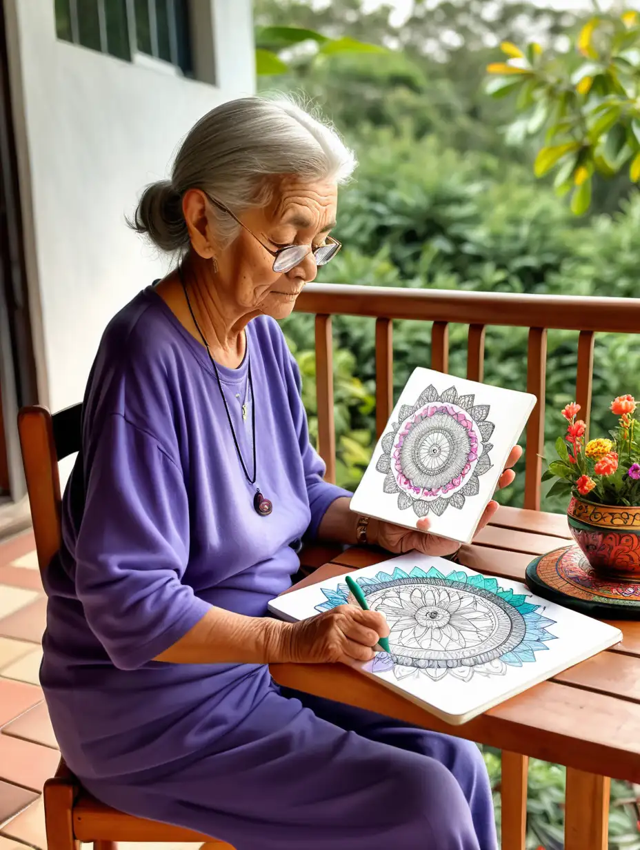 an elderly lady sitting on the verandah while coloring mandala book