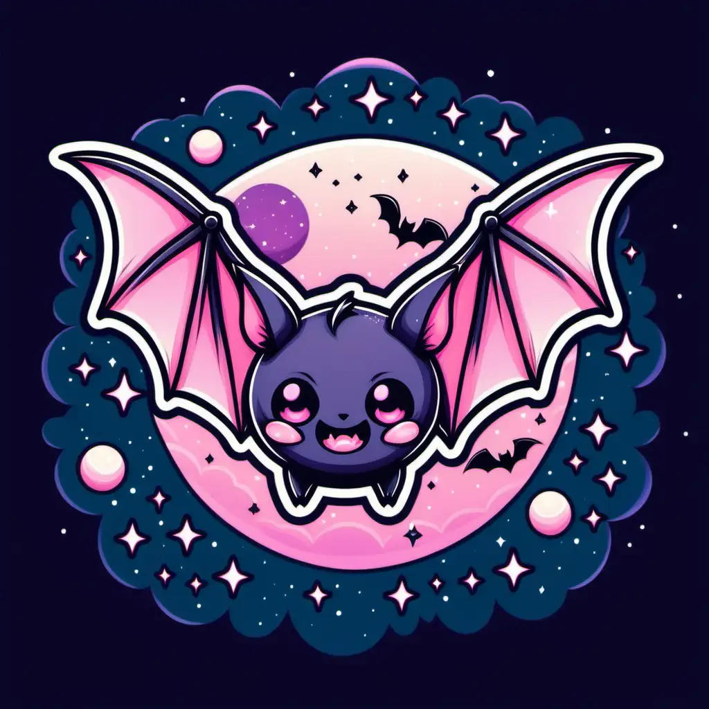 kawaii pastel goth vampire bat sticker with night sky design in pastel pink colors, vector illustration