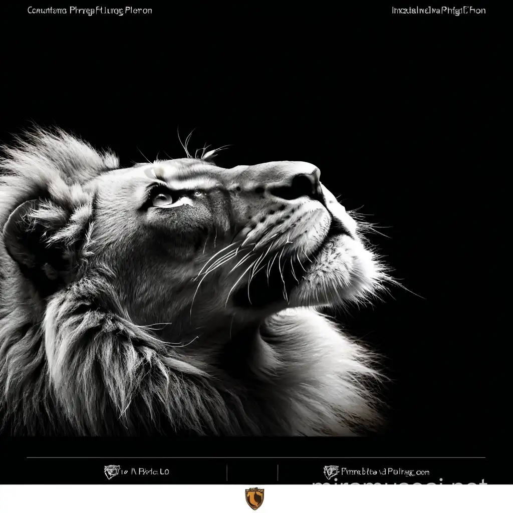 Majestic Lion Portrait on Beige Background with Piercing Gaze and Logo