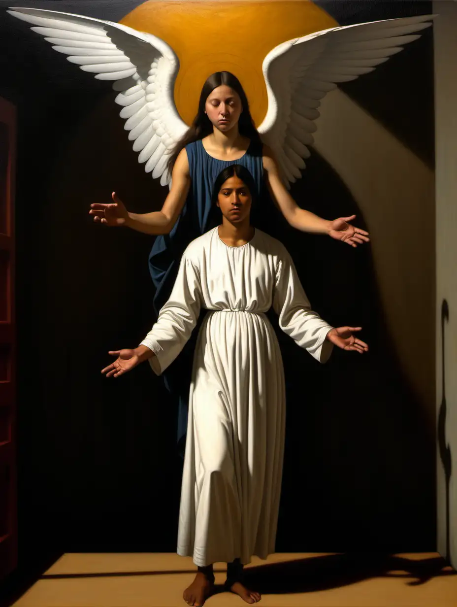 bo bartlett style painting reminiscent of a caravaggio, of the annunciation, where gabriel is an indigenous south american girl
