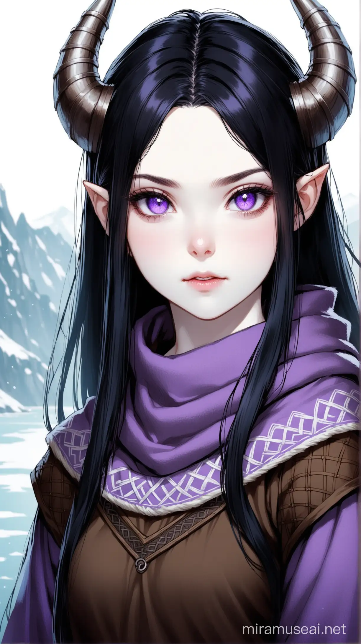 A young viking girl with black hair, pale skin  and violet eyes.