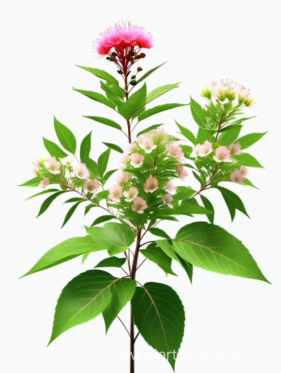 flowering shrubs wild BIG flower 8k ALL FOCUS with natural fresh green 2 leaves on white background 