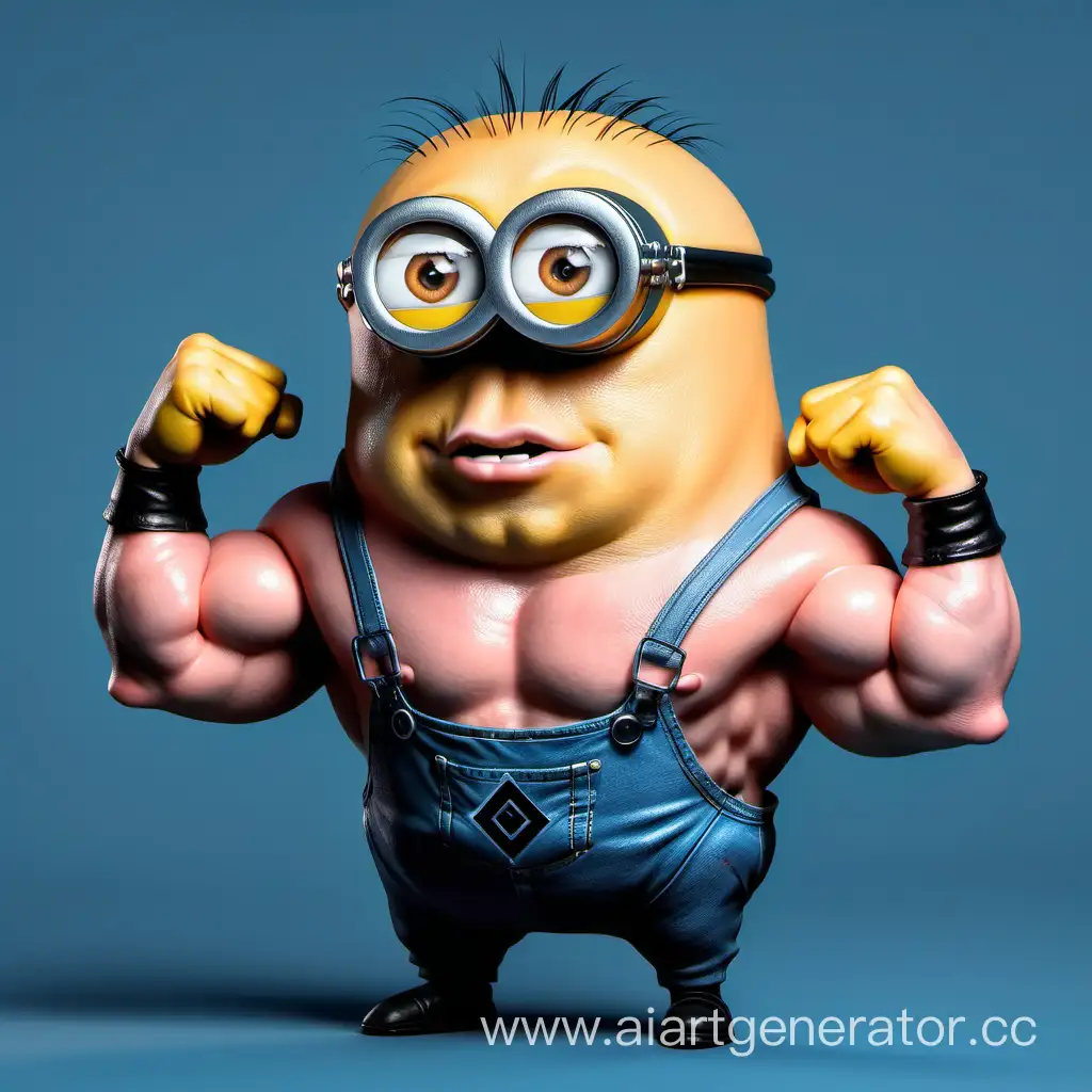 Muscular minion holds in his hands cute piggy