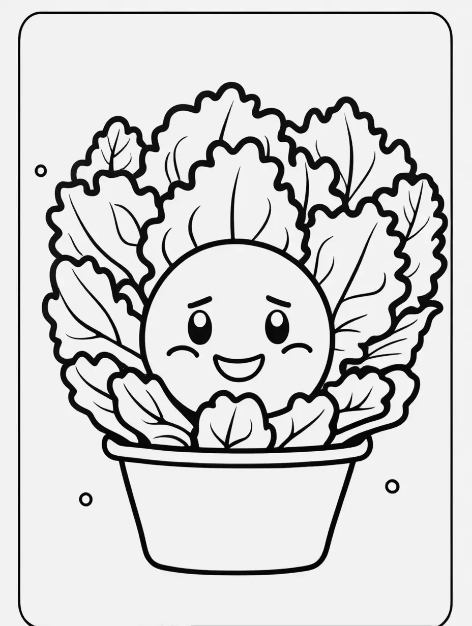 coloring book, cartoon drawing, clean black and white, single line, white background, cute lettuce, emojis