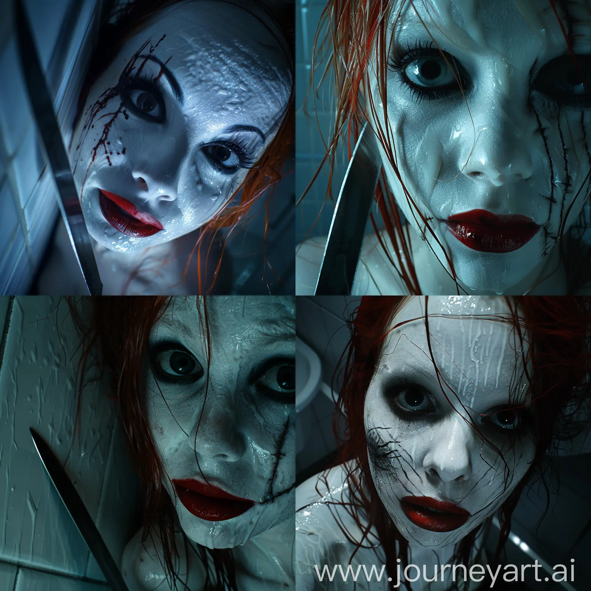 Woman with milky white skin, big black eyes, red lipstick, redhair, her hair is wet, has straches on her face, knife, at dark hotel bathroom, scary movie scene, cinematic lighting, realistic image