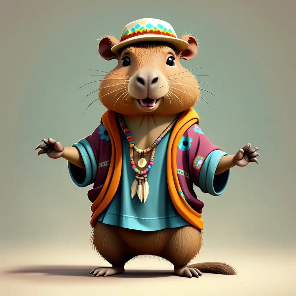 a cute capybara in full body cartoon style with Hippie clothes with clear background