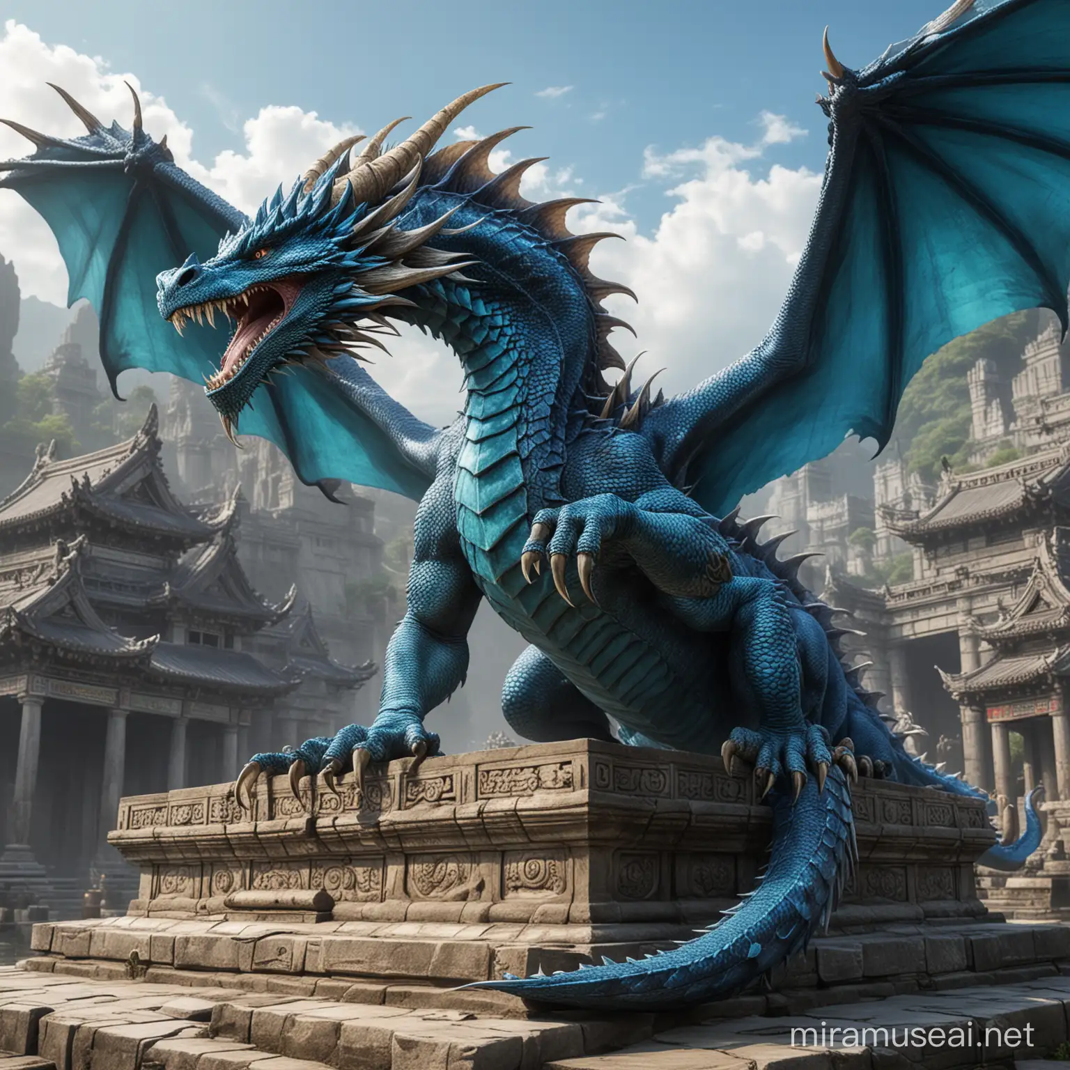 grand dragon qui vie dans un temple avec des grand griffe grande queu avec des ecallie bleu marrine 