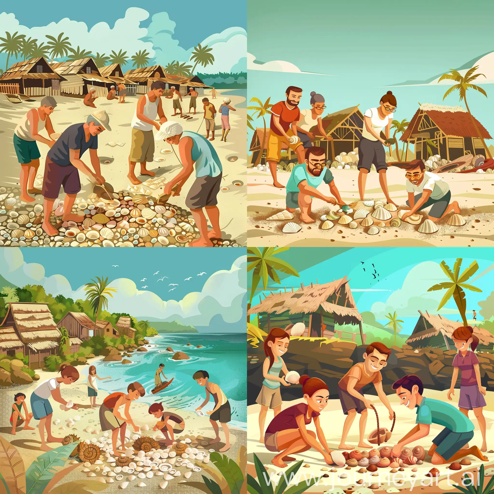 people in small village looking and digging for shells in beach cartoon style vector 