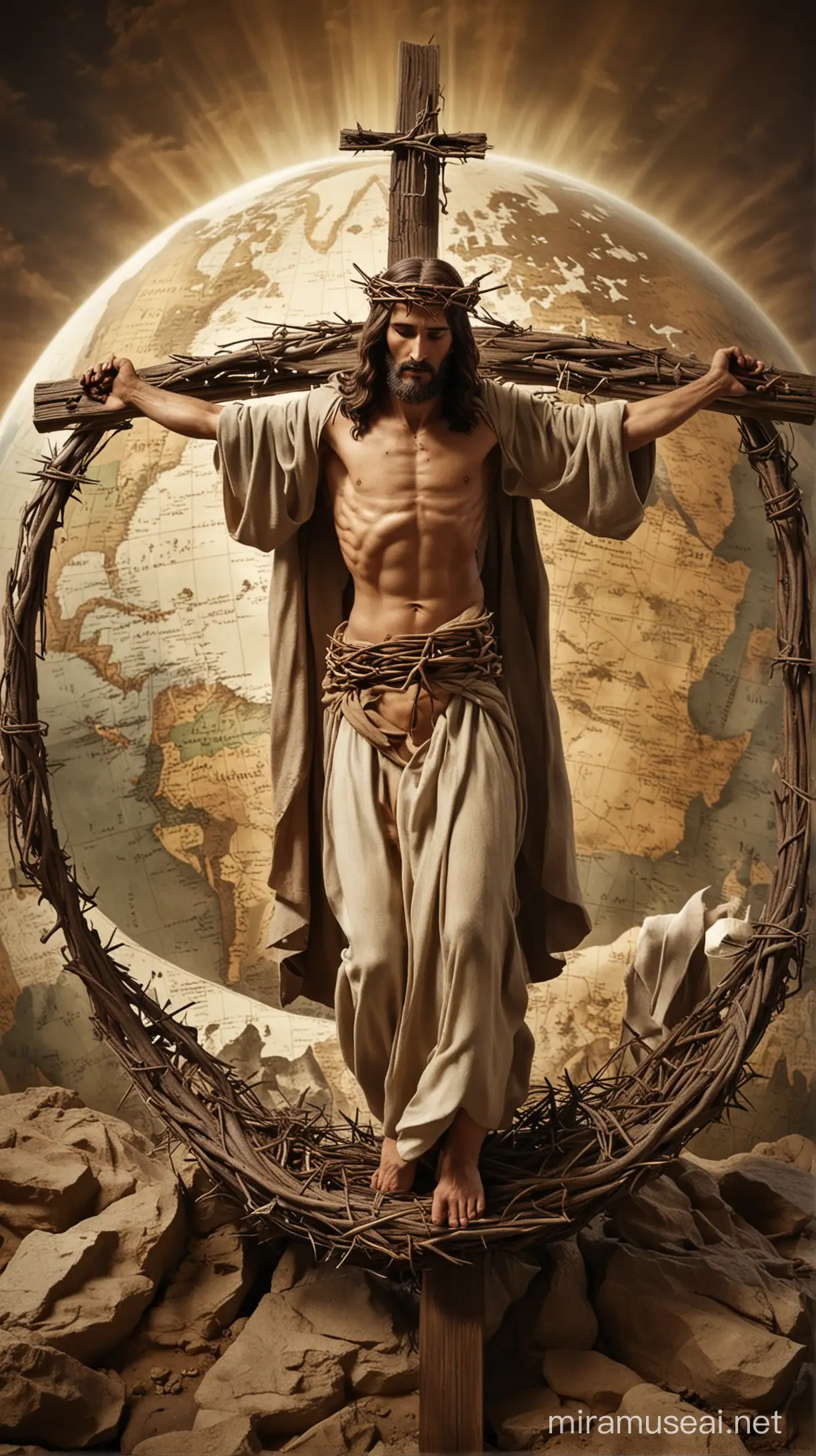 Gesù Cristo che si avvia verso il Calvario con la croce sulle spalle e la corona di spine che gli cinge la testa. Sfondo il globo della Terra
