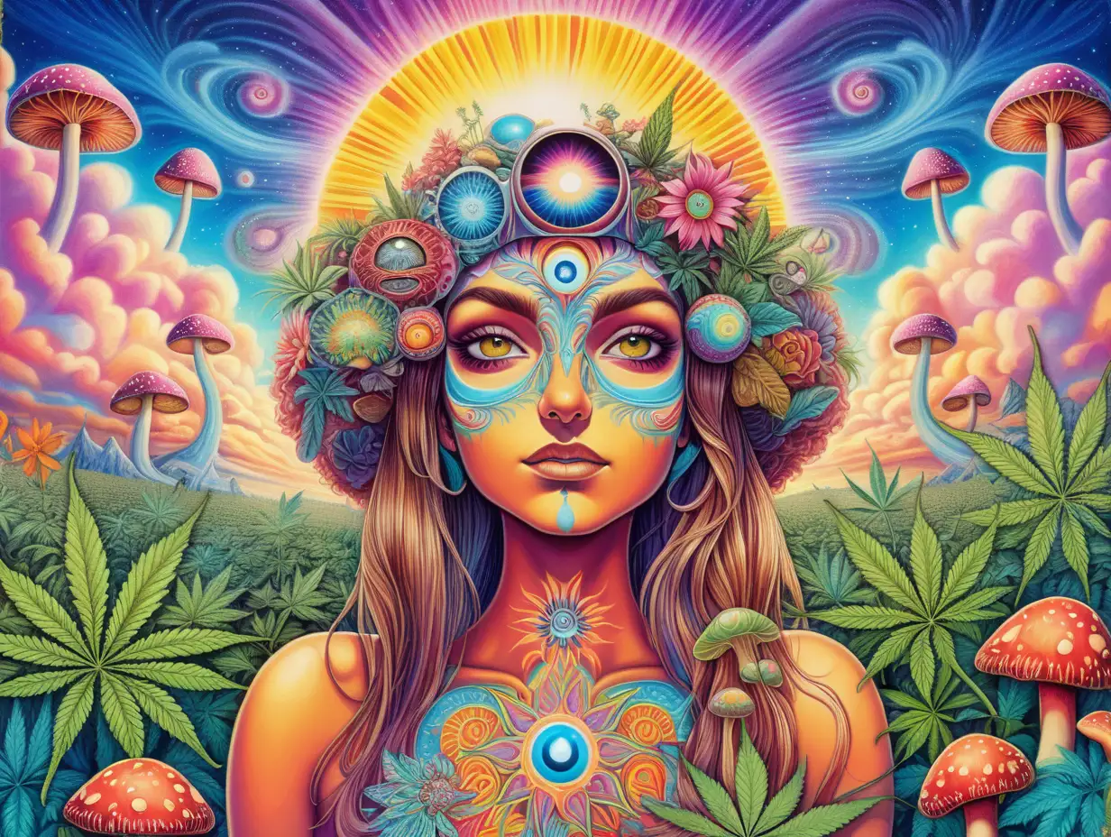 Exotic Woman with Third Eye amidst Psychedelic Cannabis Field