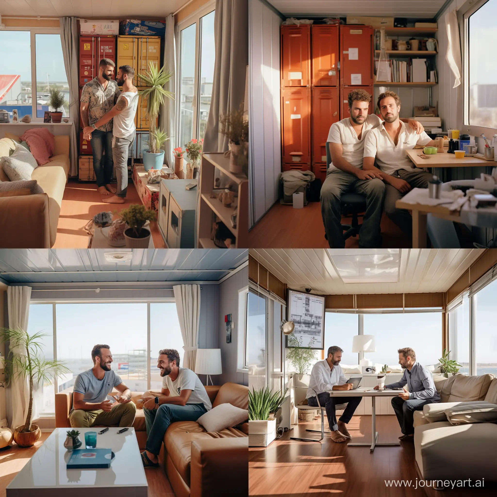 Portuguese environmentalist and gay couple in the office of modern shipping container home