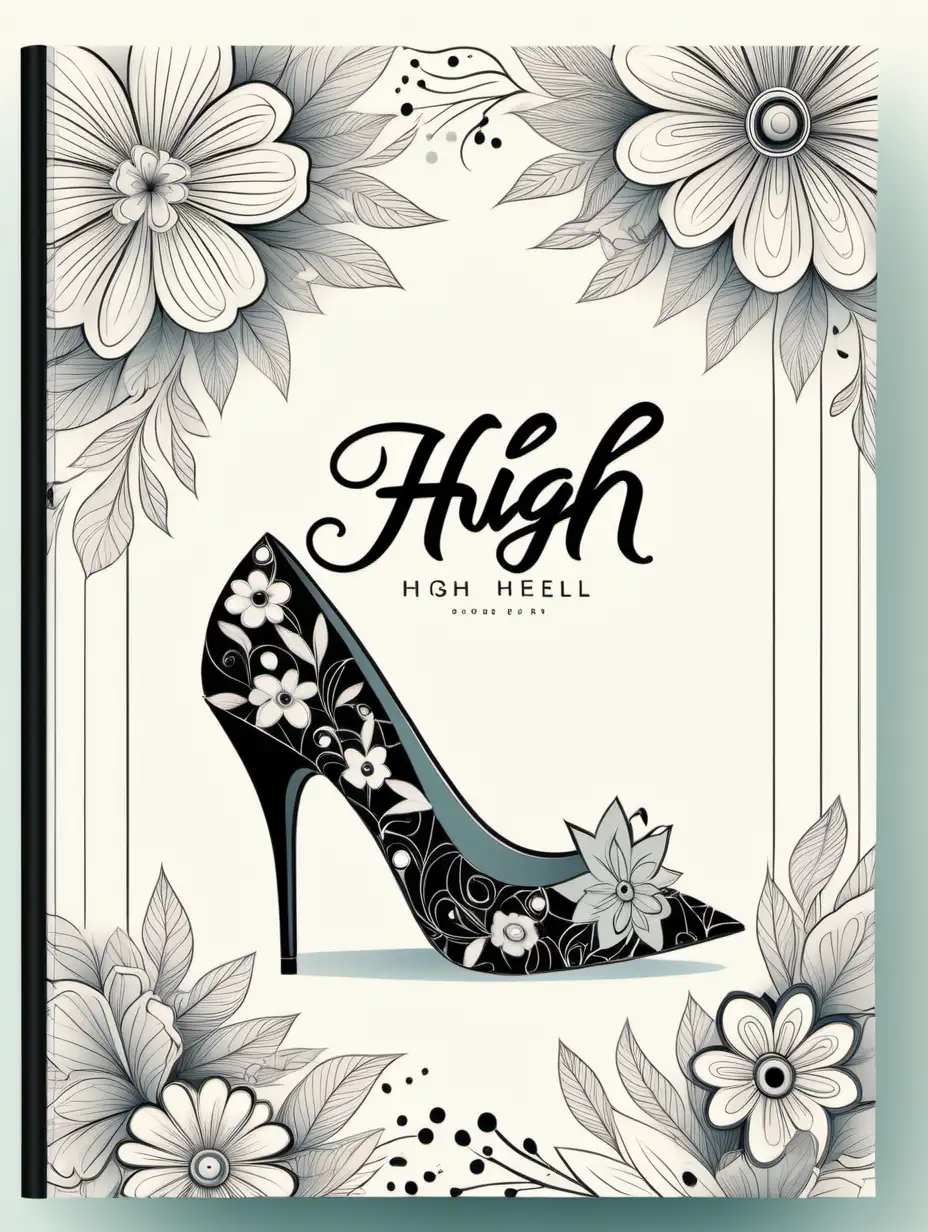 high heel shoe floral themed cover page, cartoon style, thick black lines, show margins 