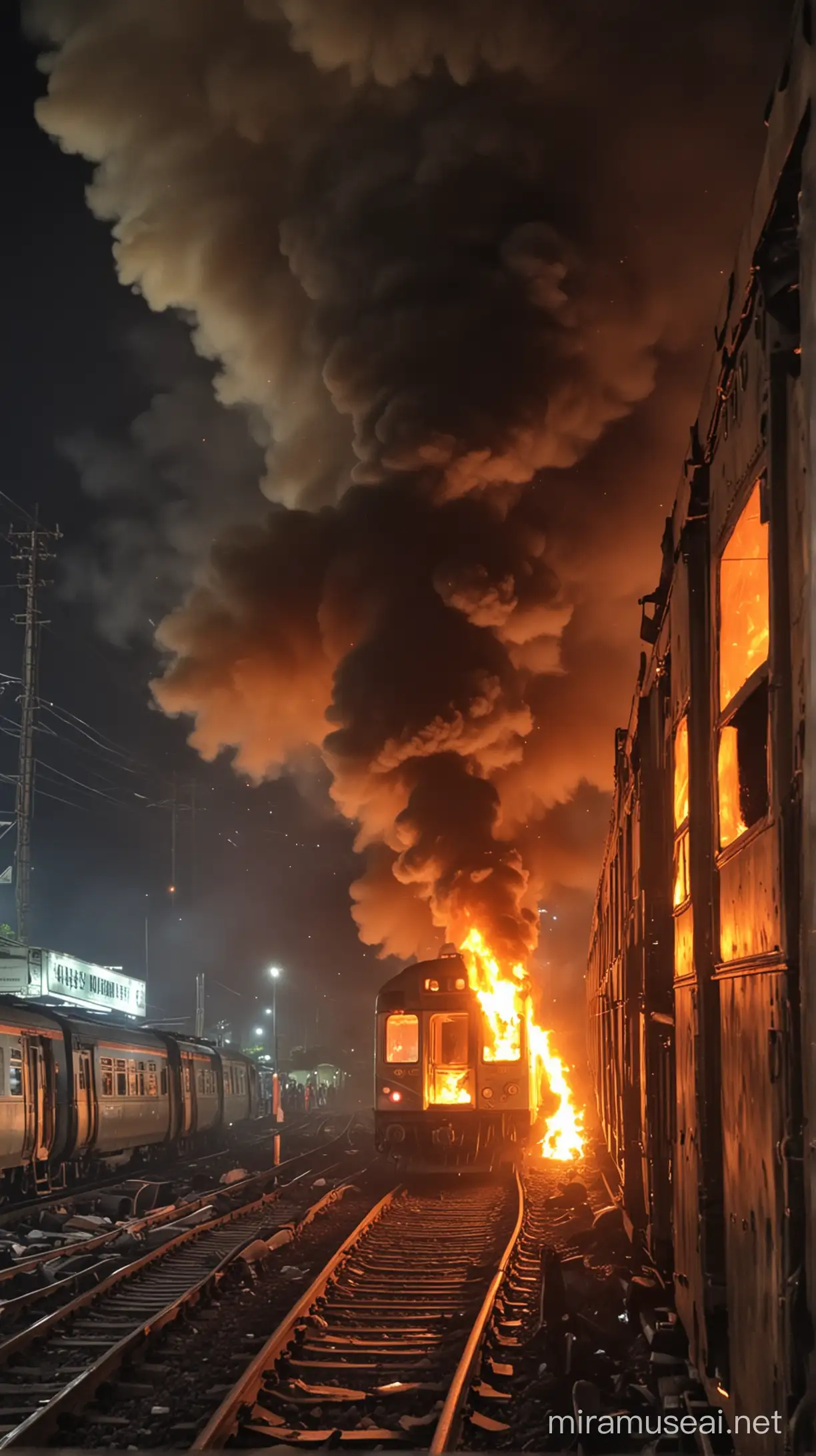 Train in Jakarta is on fire, at night, close up shot, tense atmosphere, the flames are getting bigger, local residents immortalize the moment with their cell phone cameras, the train is running on fire, the front carriage is on fire, shot from the front of the train