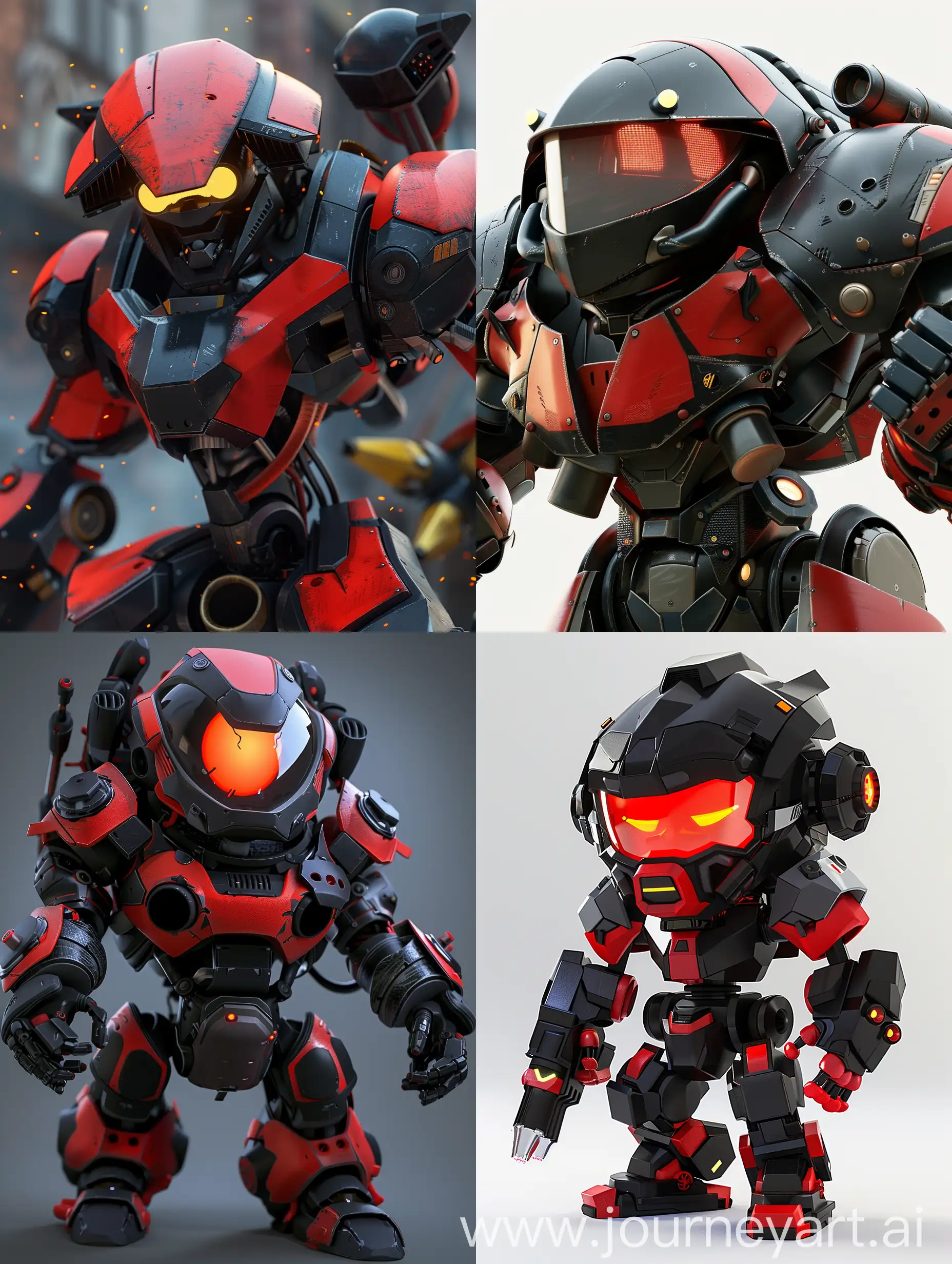 Children's Cartoon Style, Disney, Pixar, Nickelodeon, 3D, Unrealistic Proportions, Robot, Mecha, Menacing, Brutal, Technological, Armored Body, Red and Black Colors, Disproportional Sizes of Parts, Angular Shapes, Large Glowing Front Visor, Giant Guns on Arms, Rocket Launchers, Combat Stance, Close View