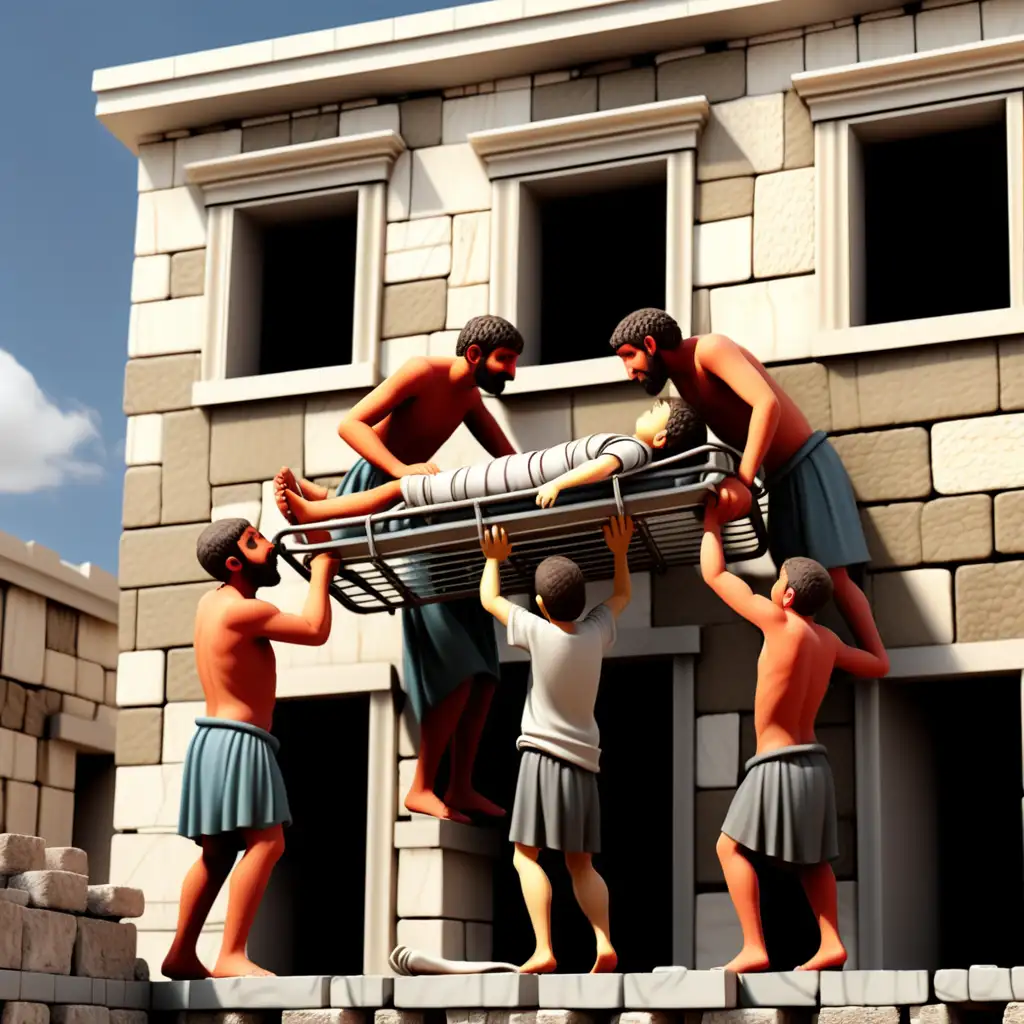 Ancient Miracle Friends Lowering Sick Person Through Roof in Capernaum