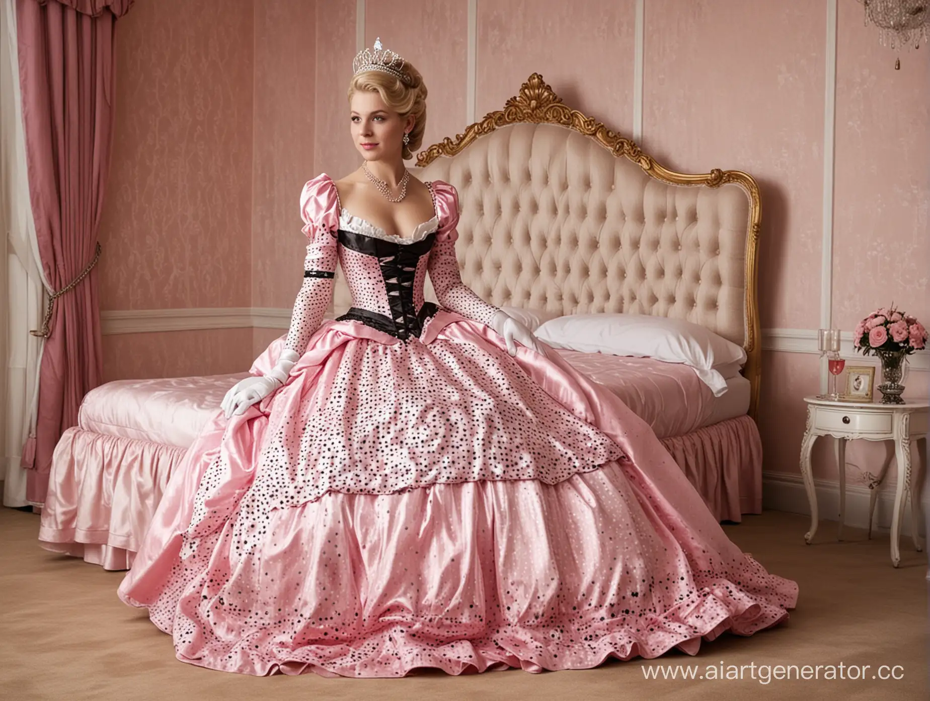 Young-Queen-in-Elegant-Polka-Dot-Satin-Dress-Standing-in-Royal-Bedroom