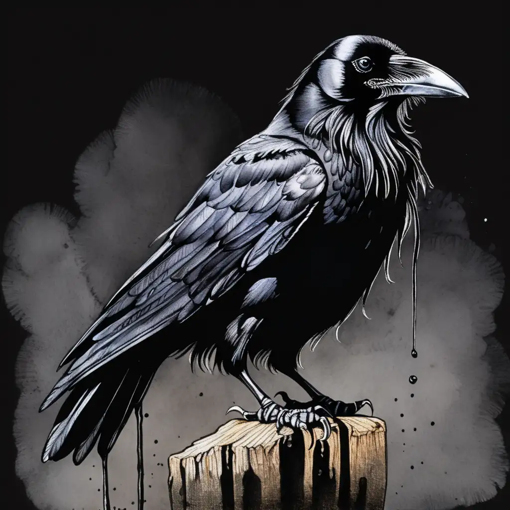 Crow Cartoon Illustration in Graphic Style with Ink Drawing and Watercolor on Black Background