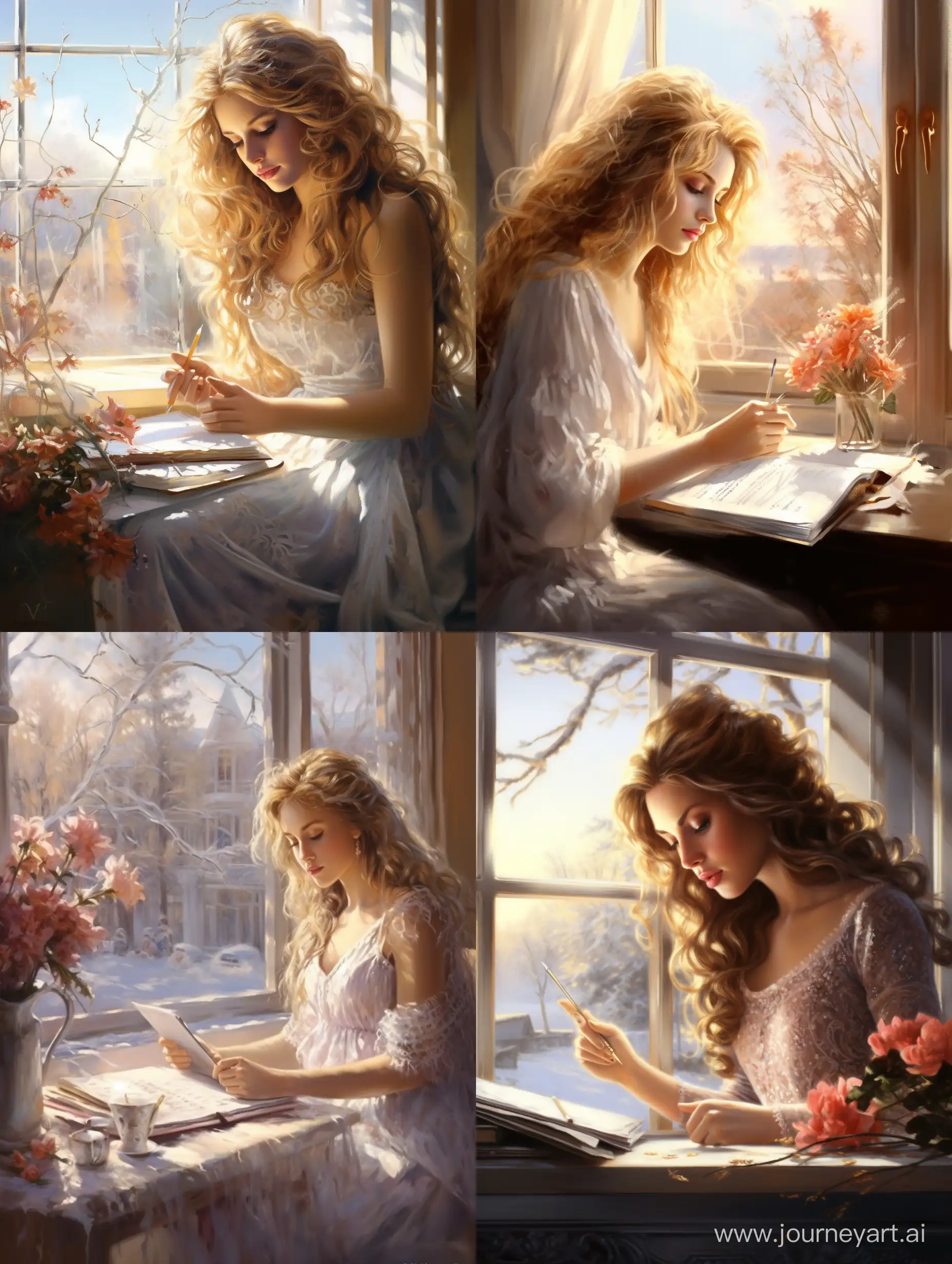 Captivating-Winter-Scene-Beautiful-Girl-Writing-by-the-Window-in-Warm-Sunlight