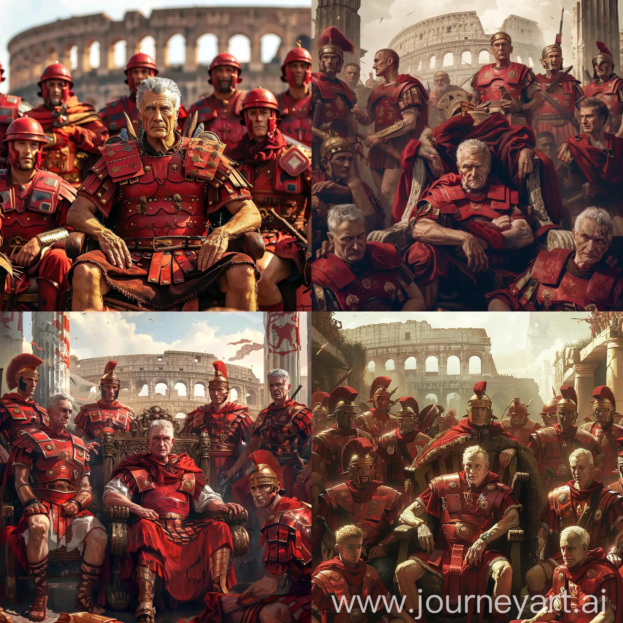 gray short hair old Cesar is in red Roman armor, he is sitting on his throne in the middle, other Roman legionaries and warriors in red amor are around him, they are all in a Roman military base, Rome colosseum behind them, 