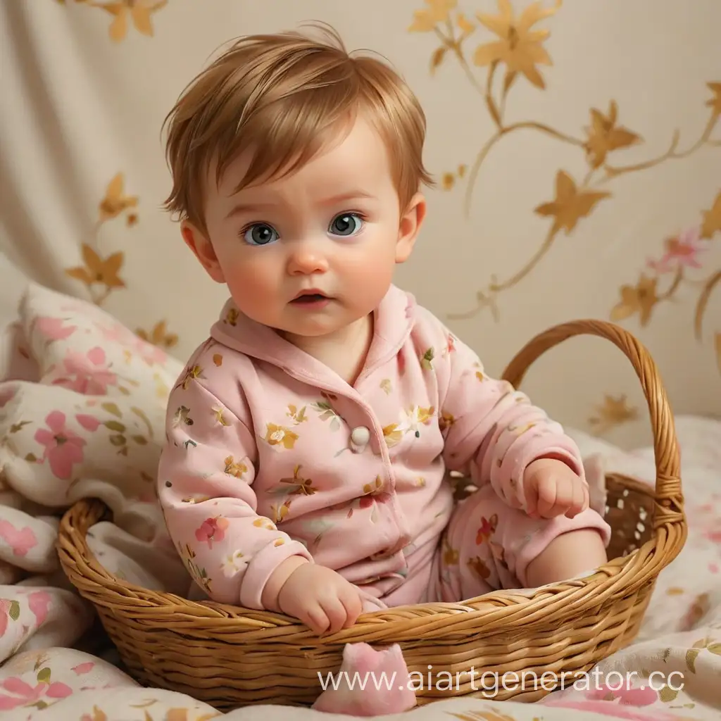 Adorable-Baby-in-Pink-Floral-Pajamas-Sitting-in-Basket-with-Soft-Golden-Background