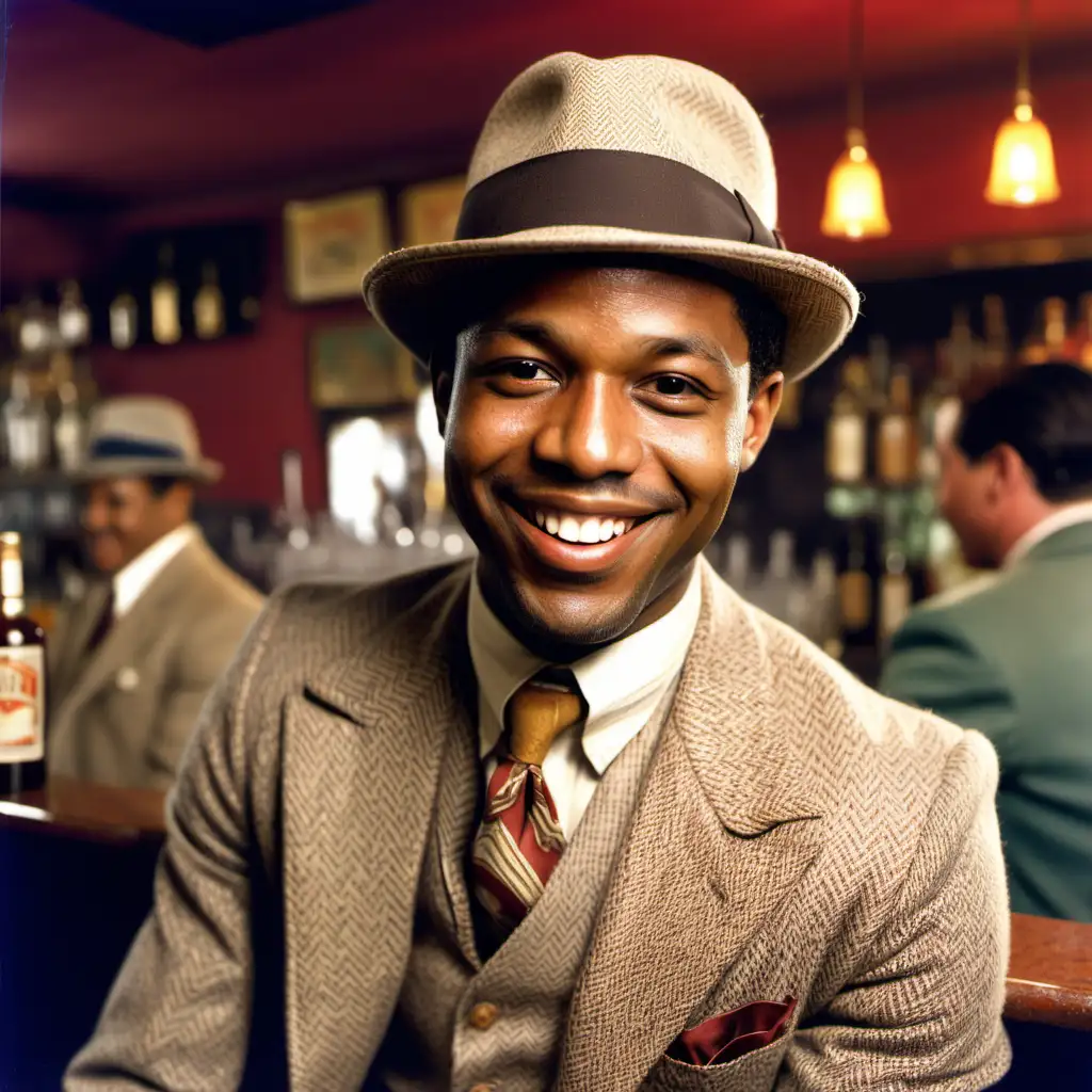 Cheerful African American Man in Tweed Suit and Fedora at 1920s Bar in Lima Peru