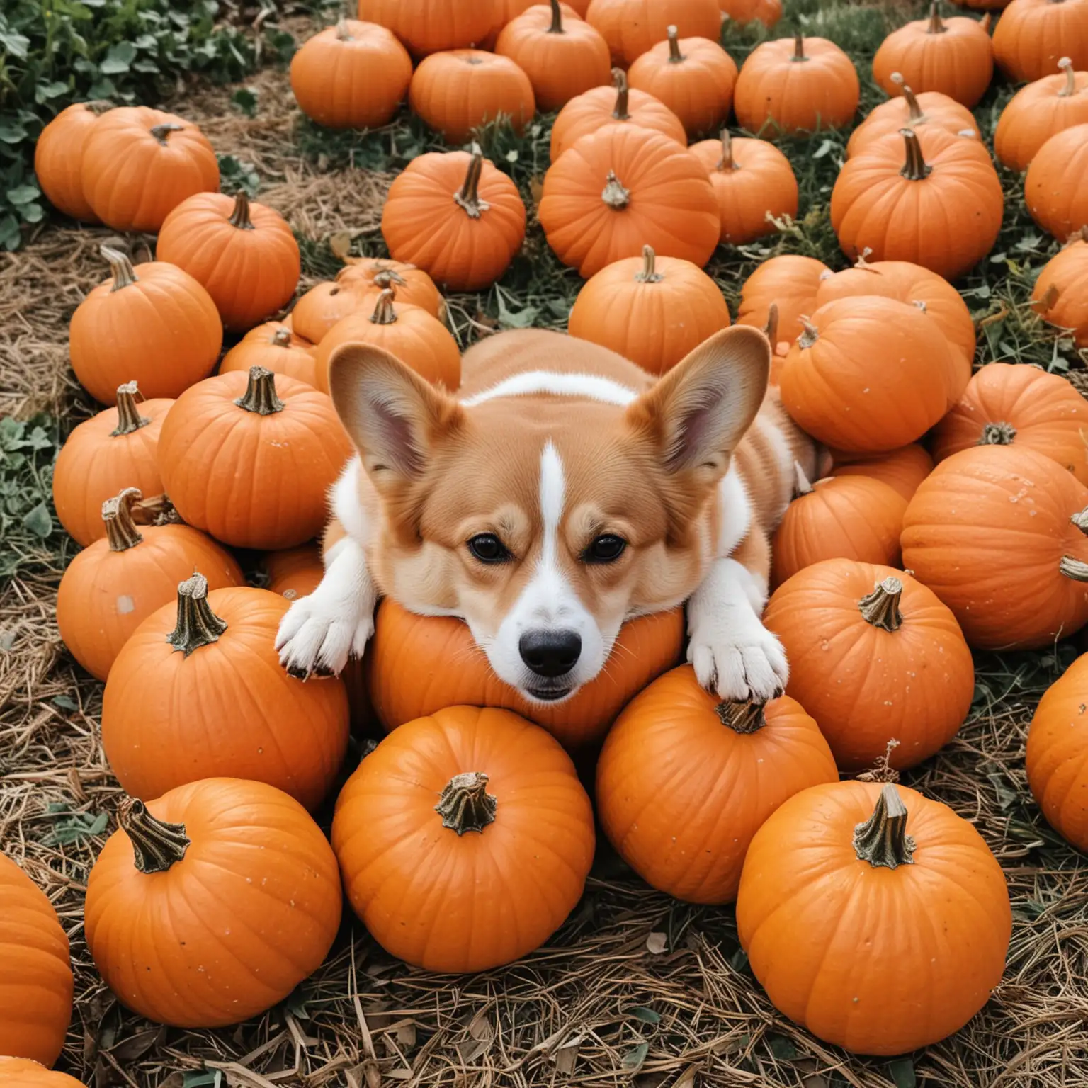 tired, exhausted Corgi in a pile of pumpkins