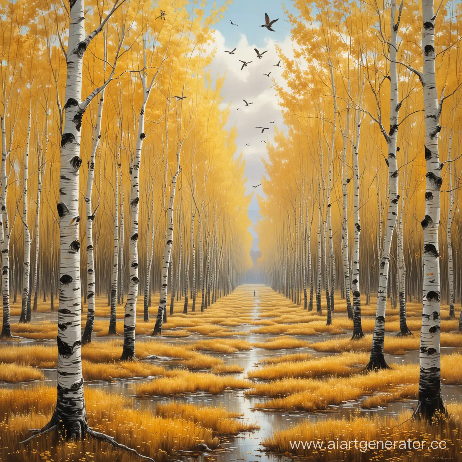 Tranquil-Golden-Birch-Grove-with-Graceful-Flying-Cranes