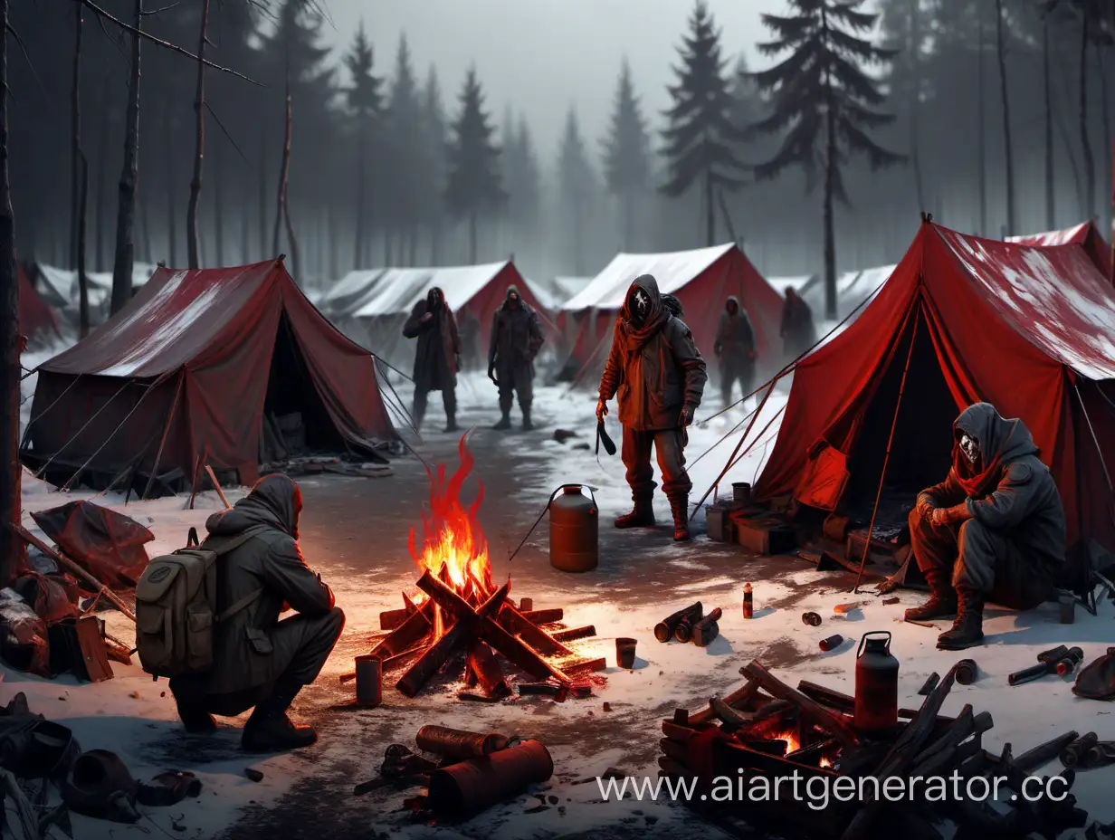 Post-apocalyptic USSR survivors concept art in a camp by the fire and tents in blood.