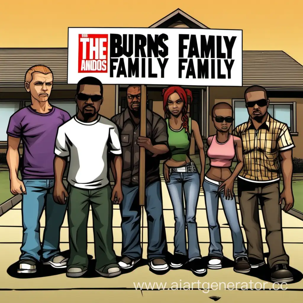 картинка в стиле ГТА Сан Андреас группа людей держат плакат с текстом The Burns Family