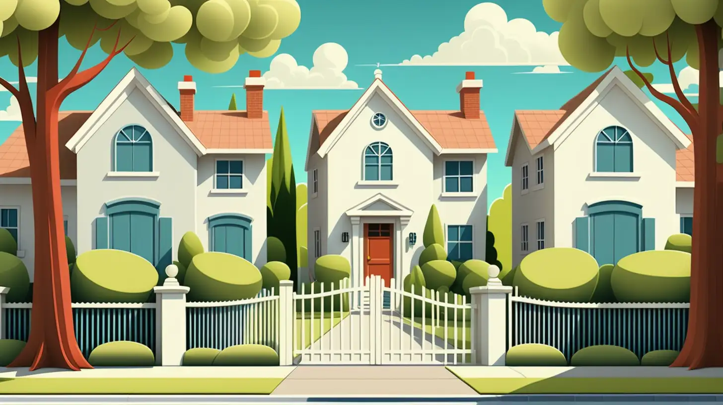 cartoon Illustration of white gated house neighbors on line with green tress and blue skies