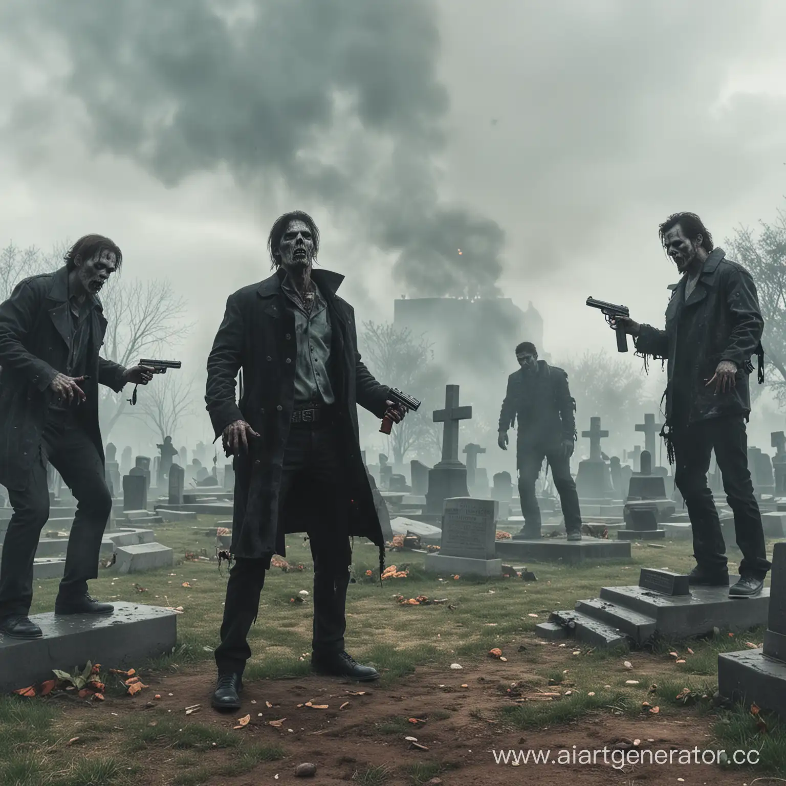 Зомби с пистолетами на кладбище курят
