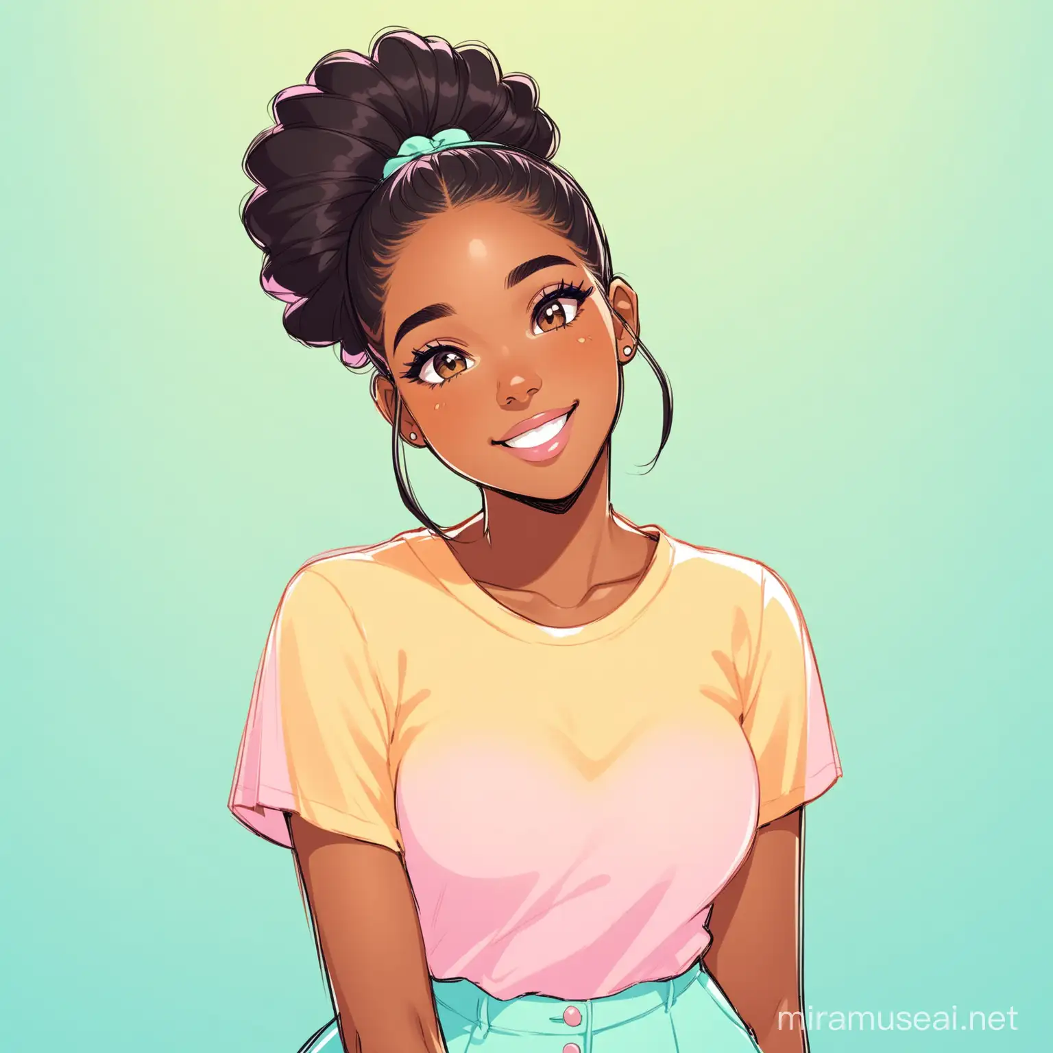 A beautiful black American young lady, in her late 20s, smiling, as a cartoon character in pastel colours