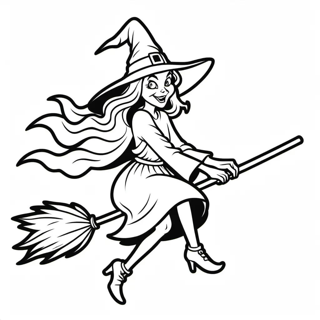 a simple black and white coloring book image of  Halloween witch on broom 
