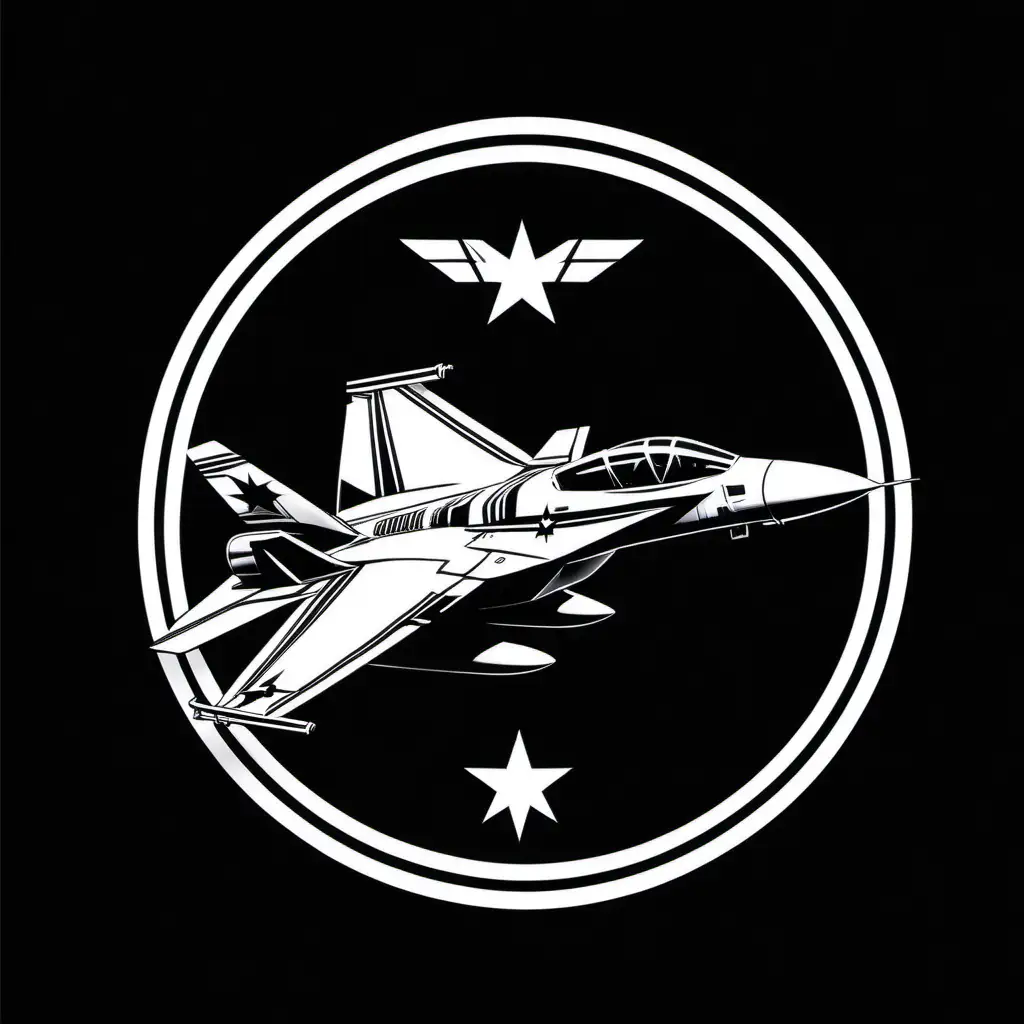 top gun movie logo stripes,f14 fighter jet, banksy style, coloring book page ,black background -v5 , circle logo, simple vector art.