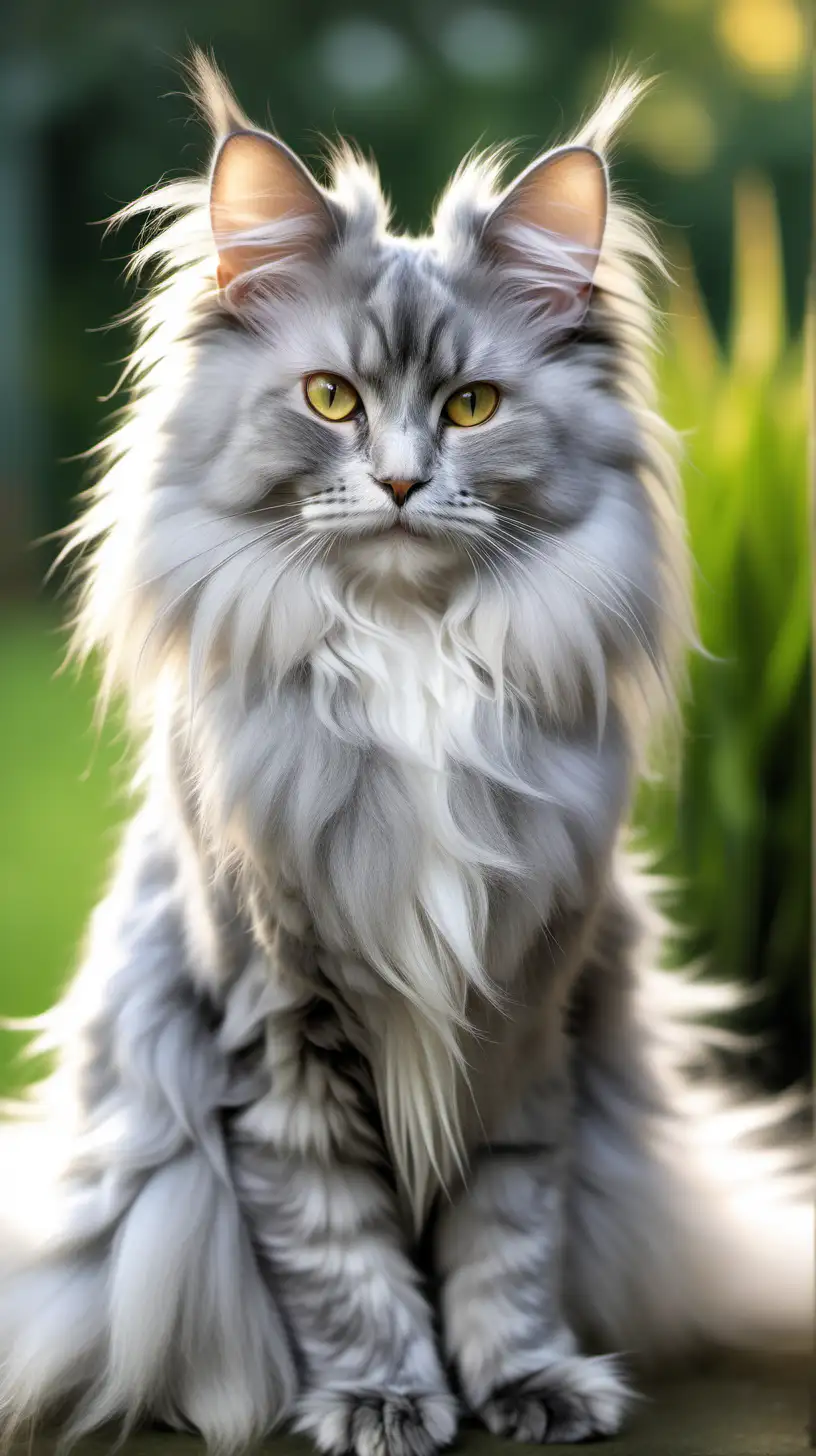 The long-crested gray angora cat is very beautiful. in the garden during the morning dew