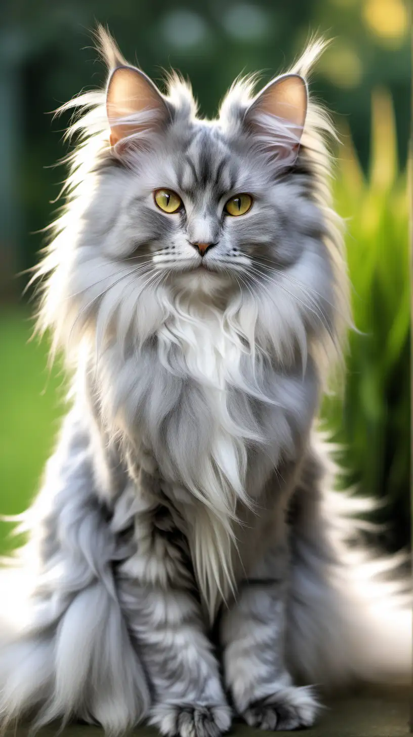 Beautiful LongCrested Gray Angora Cat in Morning Garden Dew