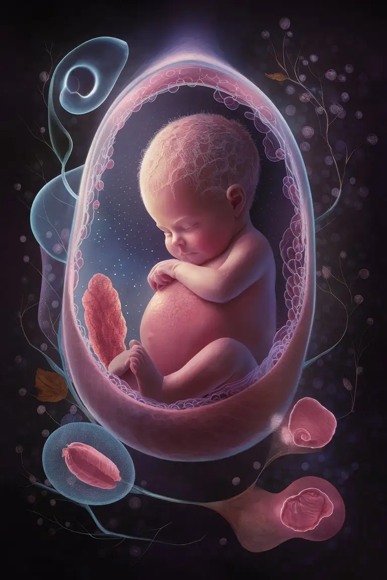 Embark on a mesmerizing journey through the earliest stages of life with a captivating depiction of the baby's development in the mother's womb. In this artwork, evoke the awe-inspiring beauty and wonder of new life as you illustrate During the first month of pregnancy, several important structures form. These structures are a tiny clump of cells, but will grow to become the amniotic sac, placenta and umbilical cord. A tube that becomes the fetus's brain and spinal cord forms, as well as its circulatory system

With meticulous attention to detail and scientific accuracy, bring to life the subtle changes occurring within the womb during the first month of pregnancy. Utilize soft hues and gentle textures to represent the tender beginnings of this miraculous journey.

Employ the expertise of renowned medical illustrators to ensure anatomical precision and authenticity in portraying the growing embryo. Let the image radiate warmth, hope, and anticipation as it captures the profound significance of this initial stage of pregnancy.

Key Elements:

Detailed depiction of the developing embryo in the mother's womb
Soft, muted color palette to convey the delicacy of early pregnancy
Scientific accuracy and anatomical precision
Emphasis on the miraculous nature of new life
Warmth, hope, and anticipation infused into the artwork
Artistic Style: Realistic medical illustration with a touch of warmth and emotion