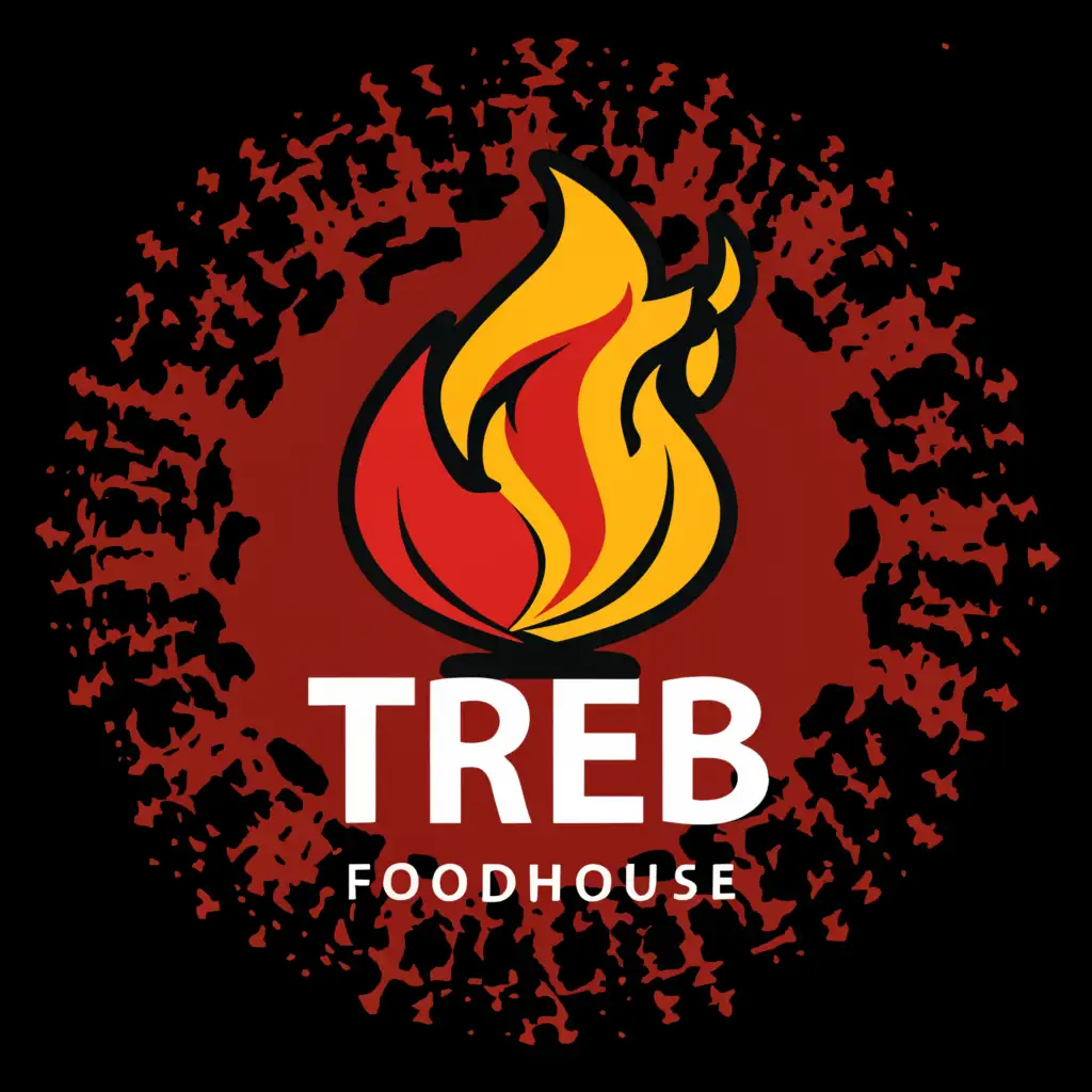a logo design,with the text "Treb FoodHouse", main symbol:red, yellow and black flames that has splash art background,complex,be used in Restaurant industry,clear background